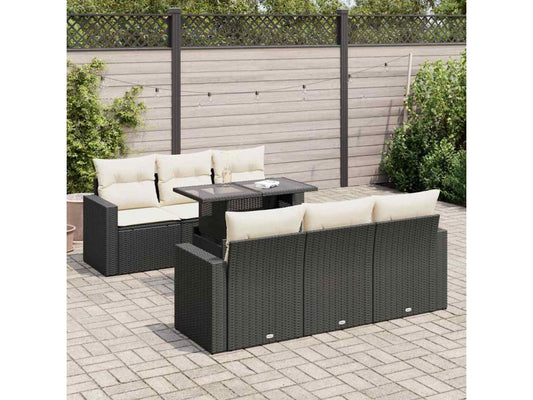 7-piece garden furniture set with cushions, black woven resin
