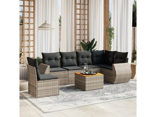 Garden furniture set with cushions, 7 pieces, grey woven resin