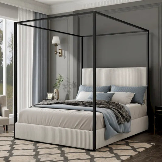 Modern Luxury Metal Canopy Bed with Tall Upholstered Headboard & Four Poster