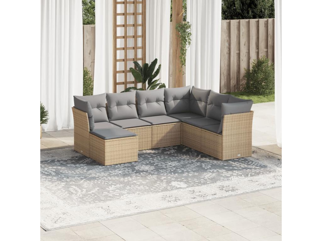 7-piece garden furniture set with cushions, beige woven resin