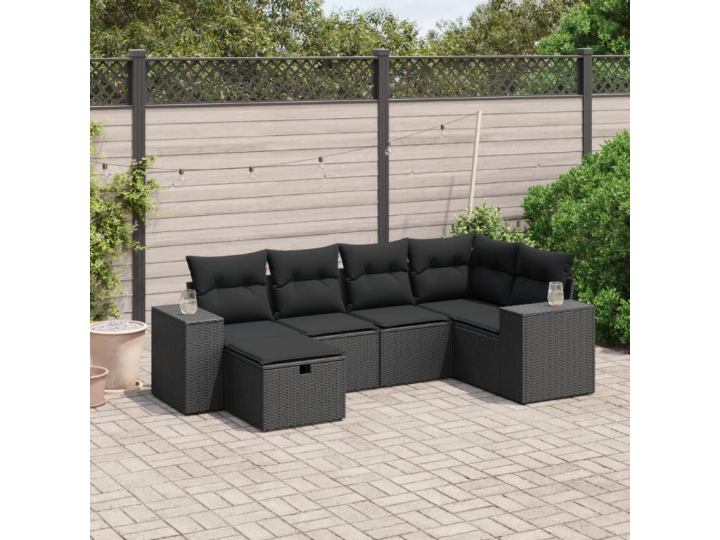 6-piece garden furniture set with cushions, black woven resin