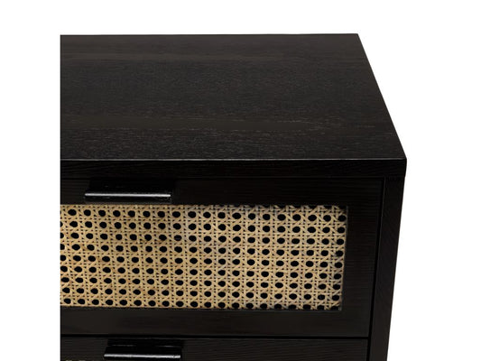 Homzora - Black 3-drawer chest with natural caning