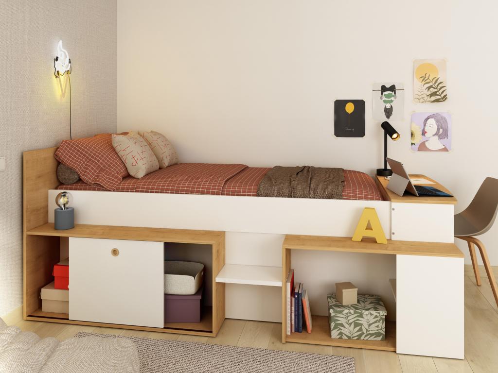90x200 cm combination bed with desk and storage - White and natural - Homzora