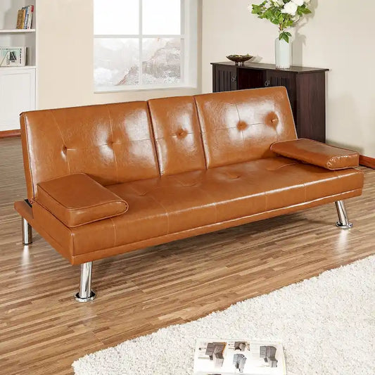 Futon Sofa Bed Couch with Armrest & Cupholders, Faux Leather Sofa Bed Couch Convertible Folding Reclining Small Couch