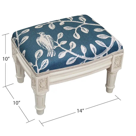 Copper Grove Castletown Navy Upholstered White Footstool with Vine Accents