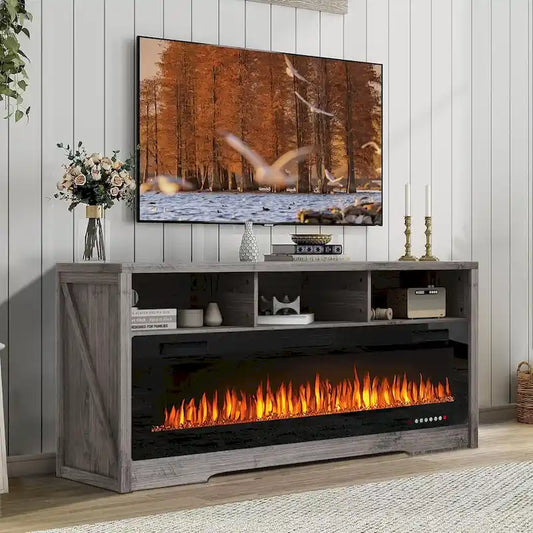 BOSSIN Fireplace 65 TV Stand for TVs Up to 75 TV with 60 Electric Fireplace,Entertainment Center with Open Shelve Storage