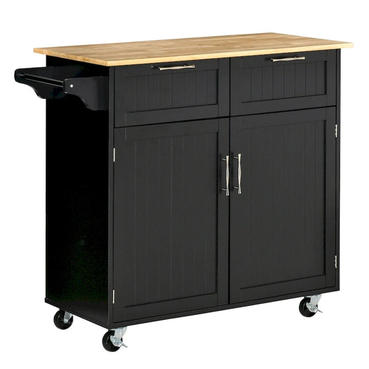 HOMCOM 41 Modern Rolling Kitchen Island, Kitchen Storage Utility Cart Trolley with Rubberwood Top, 2 Drawers, and Towel Rack