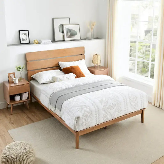 MUSEHOMEINC Low Profile Modern Wooden Platform Bed with Adjustable Height Headboard for Bedroom, Wooden Bed Frame with Headboard