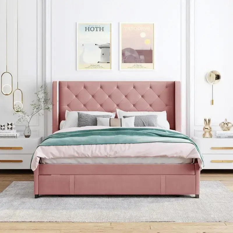 Queen Size Platform Bed with Wingback Headboard and a Big Drawer