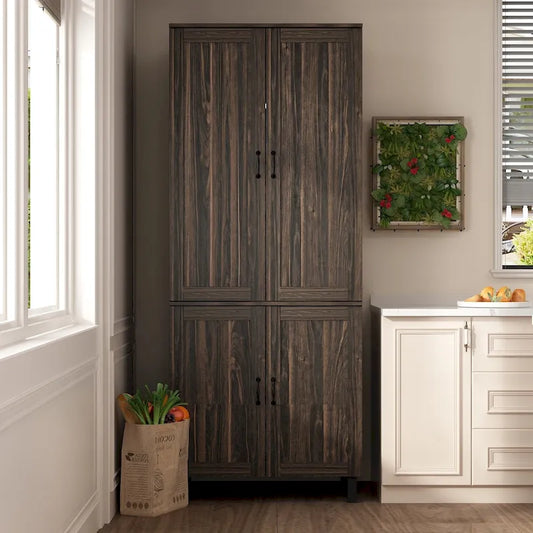 Space-Saving Storage Solution Pantry Cabinet w/Dark Wood Grain Kitchen - 31.5Wx23.6Dx78.7H