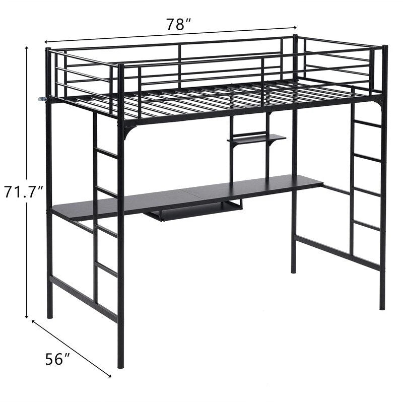 Metal Loft Bed with Desk & Shelves