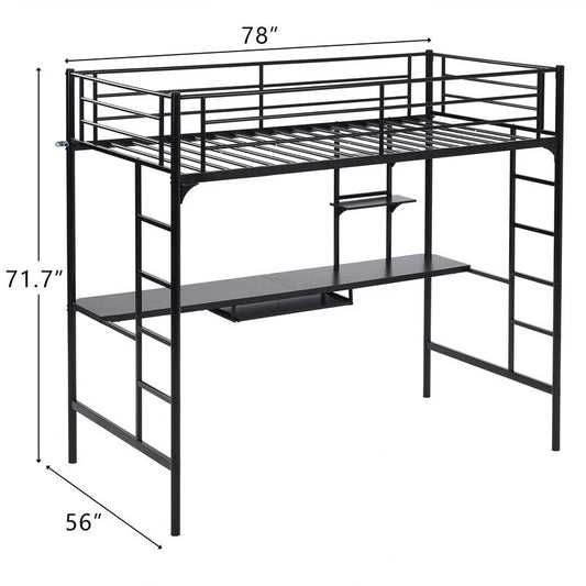Metal Loft Bed with Desk & Shelves