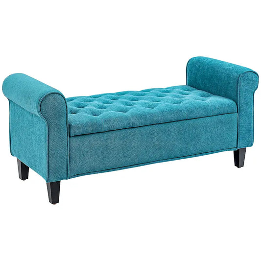 HOMCOM 50 Storage Ottoman Bench, Upholstered End of Bed Bench with Rolled Arms, Wood Legs, Button Tufted Storage Bench Gray