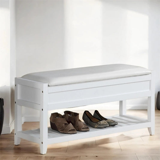 Wood Shoe Storage Bench with Lift-up Seat Cushion