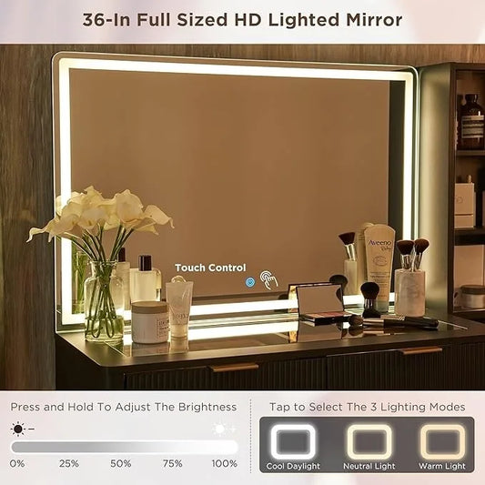 Modern Makeup Vanity Desk with HD Lighted Mirror, Dressing Table