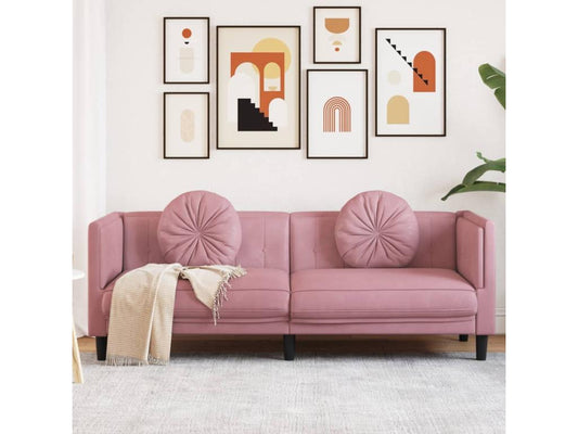 3-seater pink velvet sofa with cushions