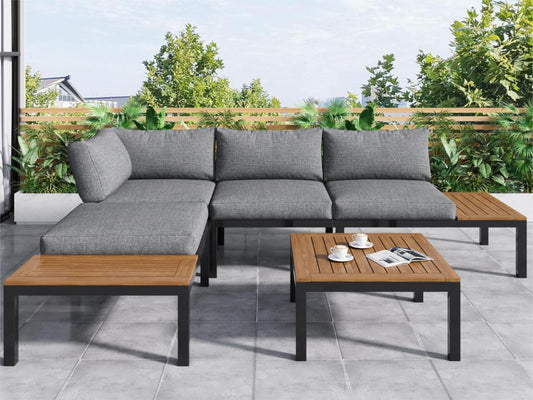 Multifunctional garden furniture set in galvanized steel and decorated with Doucezen wood - 4 seats - corner sofa and 1 coffee table - Grey