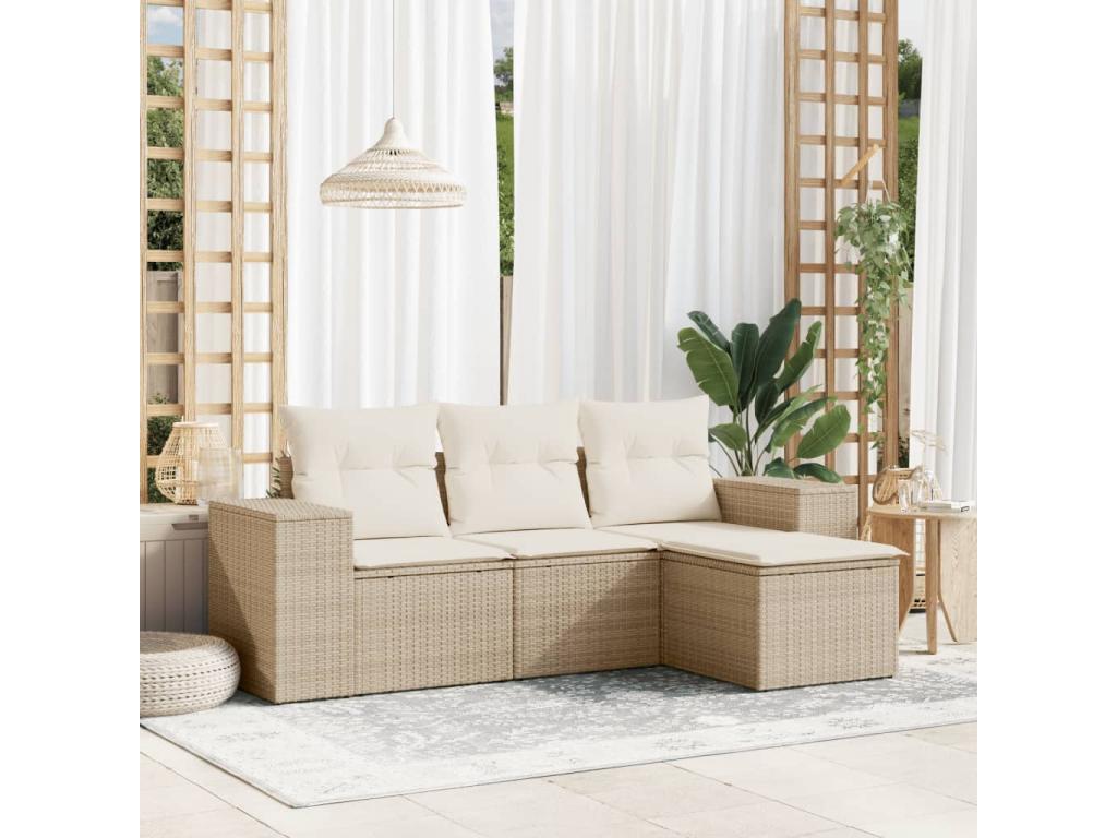 Garden furniture set with cushions, 4 pieces, beige woven resin