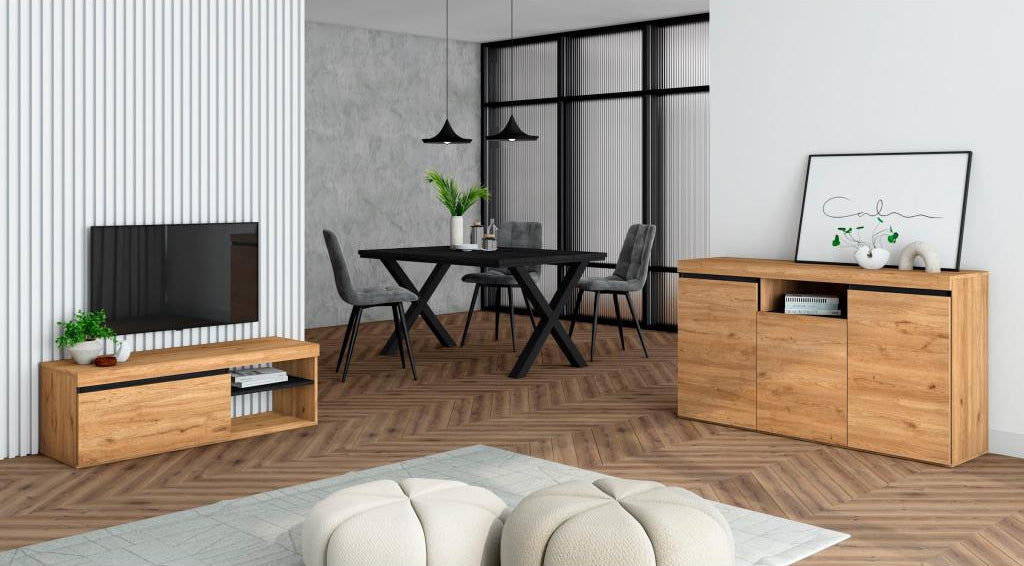 Living room furniture set: 140cm black table with legs, seats 6; 120cm TV stand; 140cm sideboard/buffet in oak and industrial black