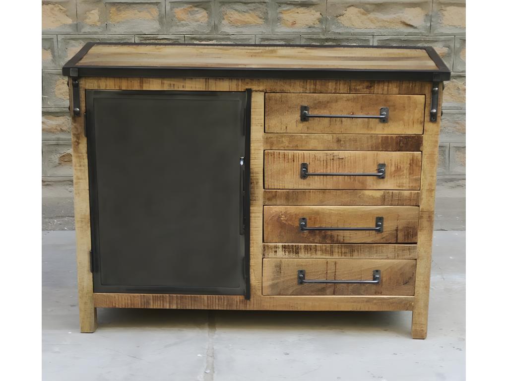 Mango wood and metal sideboard with 1 door and 4 drawers