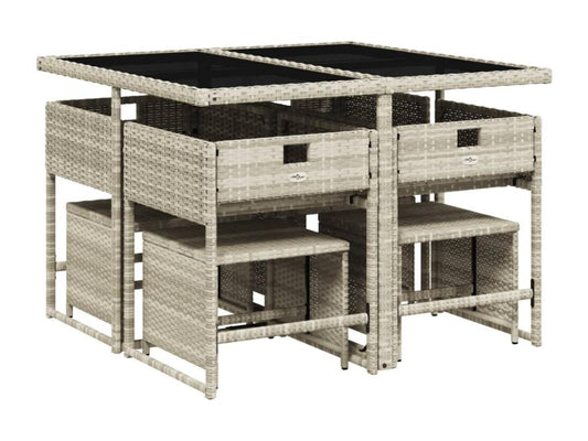 9-piece garden dining set and cushions in light grey rattan