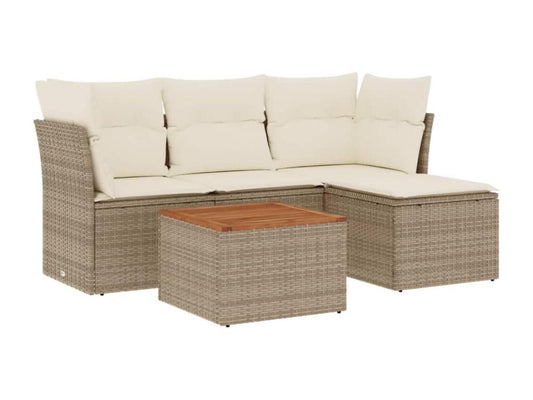 5-piece garden furniture set with cushions, beige woven resin