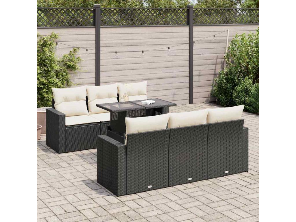 7-piece garden furniture set with cushions, black woven resin