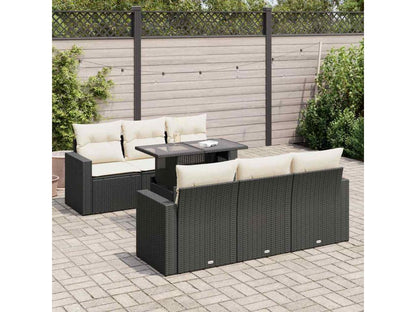 7-piece garden furniture set with cushions, black woven resin