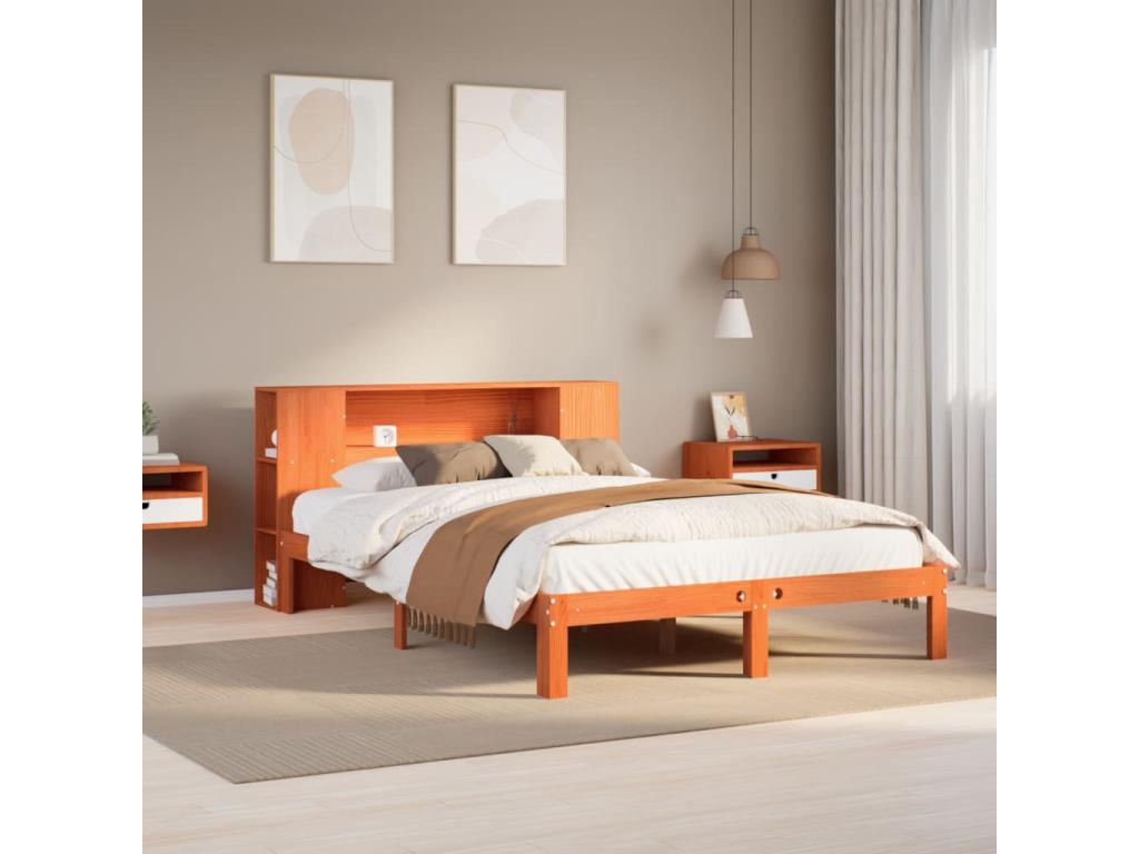 Bookshelf bed without mattress, brown wax finish, 140x200 cm, solid pine