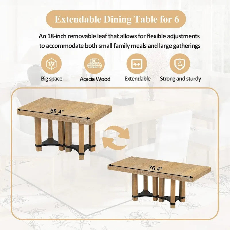 Rustic 7-Piece Extendable Dining Table Set with 18in Removable Leaf
