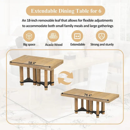 Rustic 7-Piece Extendable Dining Table Set with 18in Removable Leaf