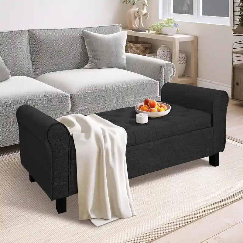 Velvet Ottoman Bench with Storage and Arms