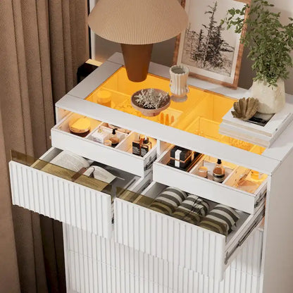 PAKASEPT Fluted 5 Drawers Dresser, Tall Modern Chest of Drawers with Glass Tabletop