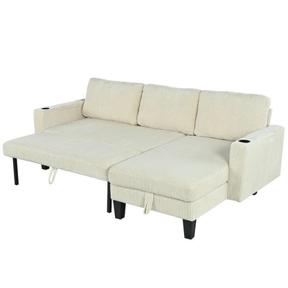 Christopher Knight Home - Reversible Fabric Sleeper L-Shaped Sectional Sofa with Storage Chaise, USB Ports & Cup Holders