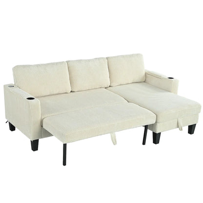 Christopher Knight Home - Reversible Fabric Sleeper L-Shaped Sectional Sofa with Storage Chaise, USB Ports & Cup Holders
