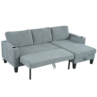 Christopher Knight Home - Reversible Fabric Sleeper L-Shaped Sectional Sofa with Storage Chaise, USB Ports & Cup Holders