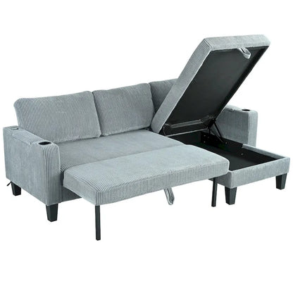 Christopher Knight Home - Reversible Fabric Sleeper L-Shaped Sectional Sofa with Storage Chaise, USB Ports & Cup Holders