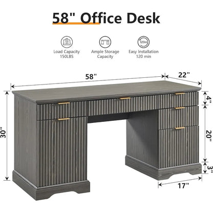 58 Modern Executive Desk with Storage, Wood Home Office Desk