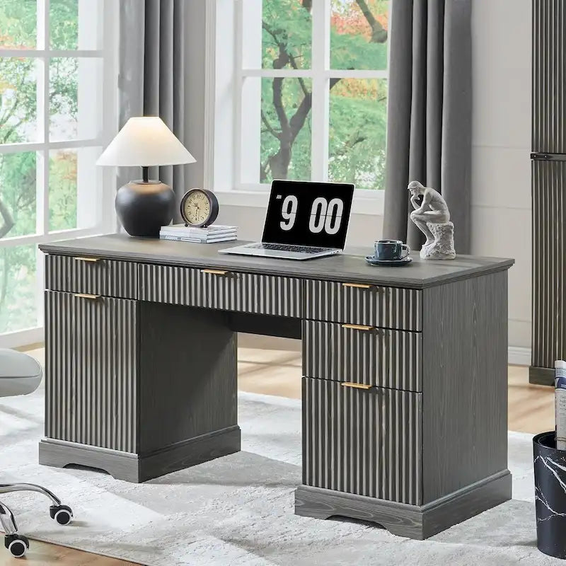 58 Modern Executive Desk with Storage, Wood Home Office Desk
