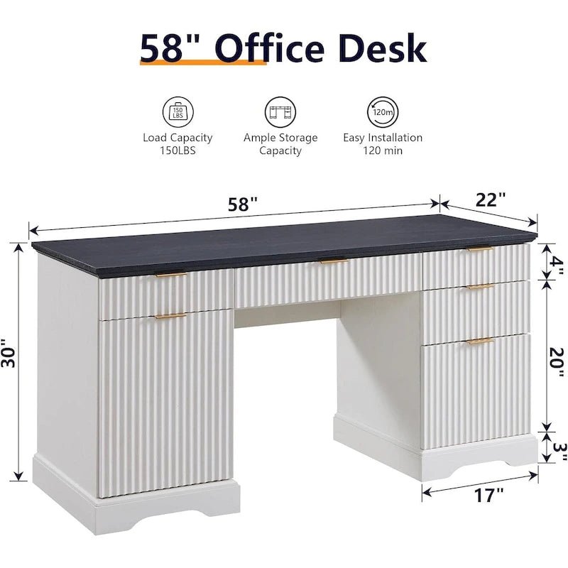 58 Modern Executive Desk with Storage, Wood Home Office Desk