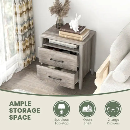 Gymax Nightstand w/ 2 Drawers Farmhouse Bed Side Table w/ Open Storage