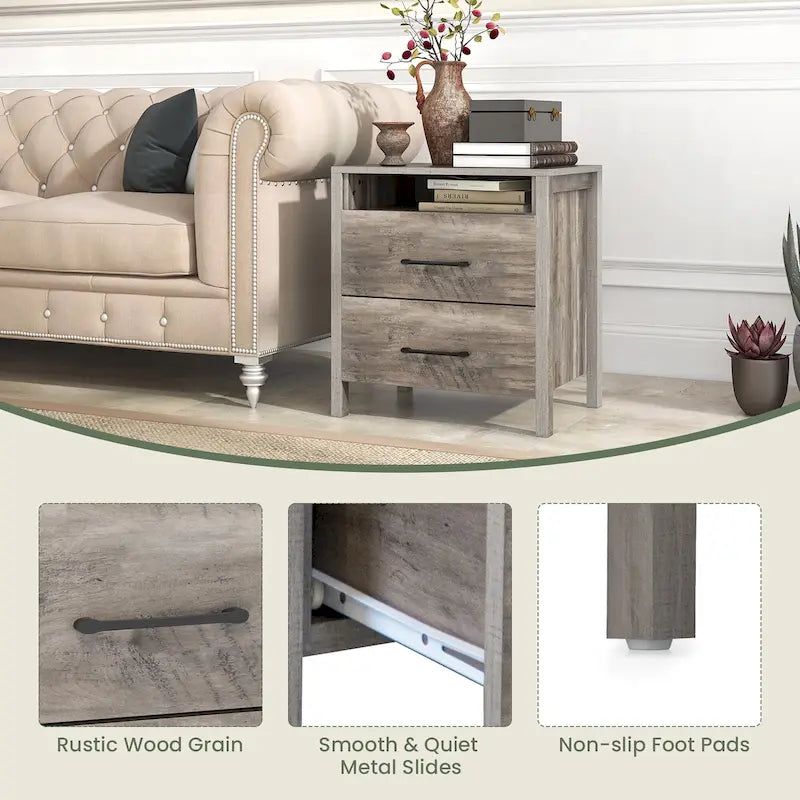 Gymax Nightstand w/ 2 Drawers Farmhouse Bed Side Table w/ Open Storage