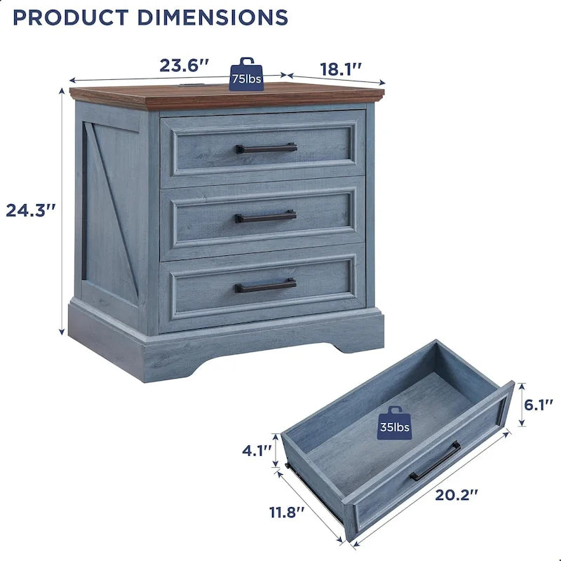 Farmhouse 3-Drawer Nightstand, Wide End Table with Charging Station