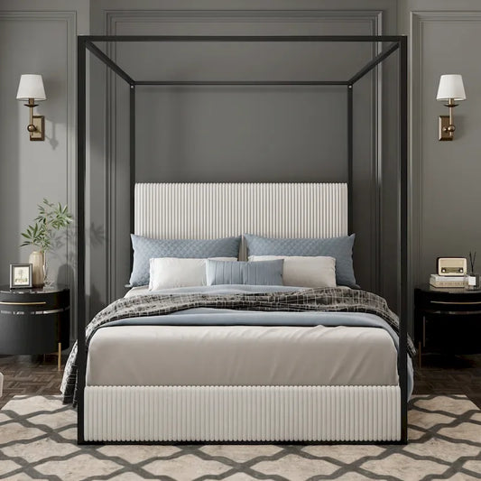 Modern Luxury Metal Canopy Bed with Tall Upholstered Headboard & Four Poster