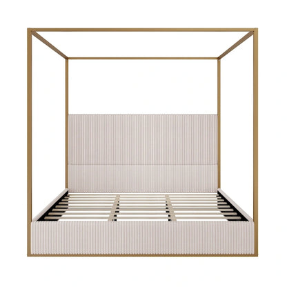 Modern Luxury Metal Canopy Bed with Tall Upholstered Headboard & Four Poster
