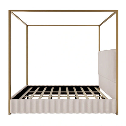Modern Luxury Metal Canopy Bed with Tall Upholstered Headboard & Four Poster