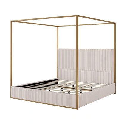 Modern Luxury Metal Canopy Bed with Tall Upholstered Headboard & Four Poster