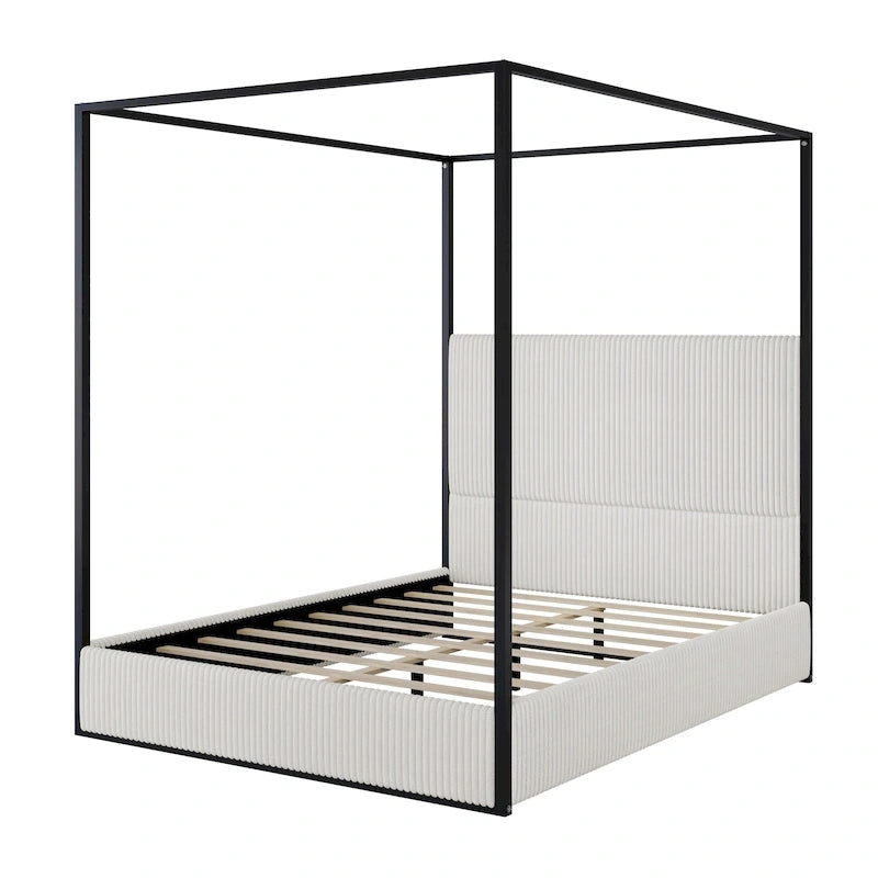 Modern Luxury Metal Canopy Bed with Tall Upholstered Headboard & Four Poster