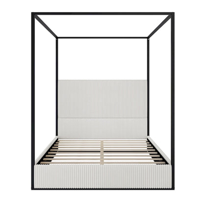 Modern Luxury Metal Canopy Bed with Tall Upholstered Headboard & Four Poster