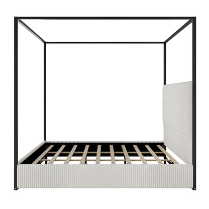 Modern Luxury Metal Canopy Bed with Tall Upholstered Headboard & Four Poster